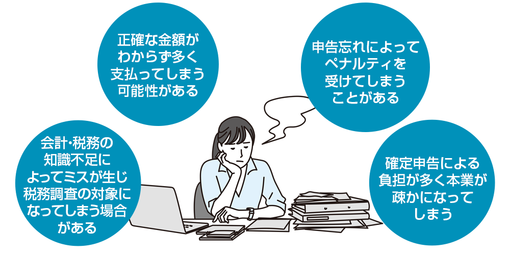 正確な金額がわからず多く支払ってしまう可能性がある。知識不足によってミスが生じ税務調査の対象になってしまう場合がある。申告忘れによってペナルティを受けてしまうことがある。確定申告による負担が多く本業が疎かになってしまう。